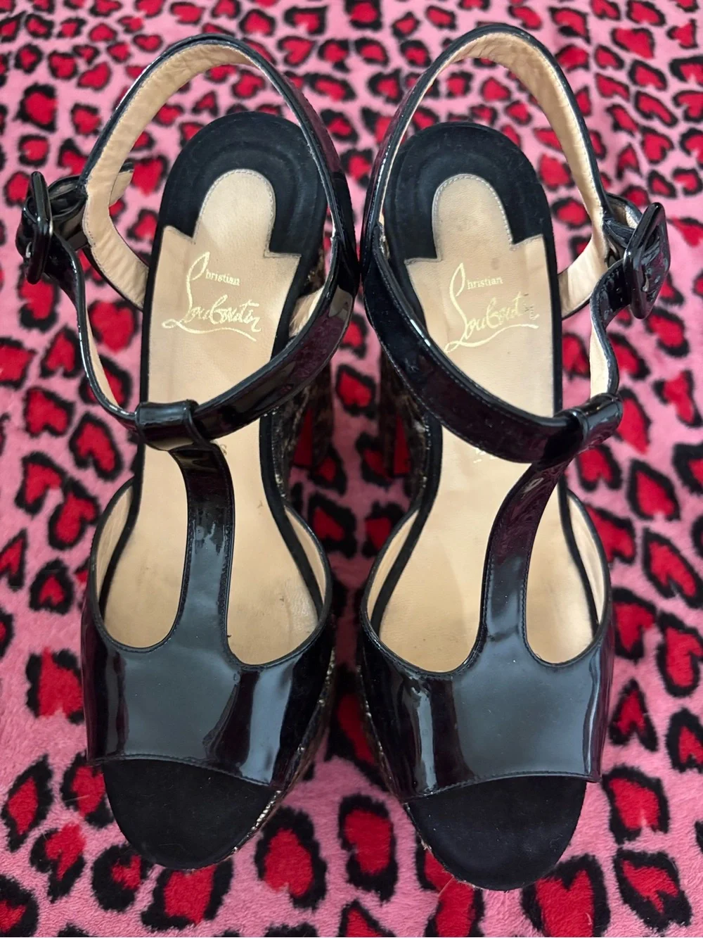 Christian Louboutin Black Patent & Gold Leopard Platform Wedge Sandals Size 39